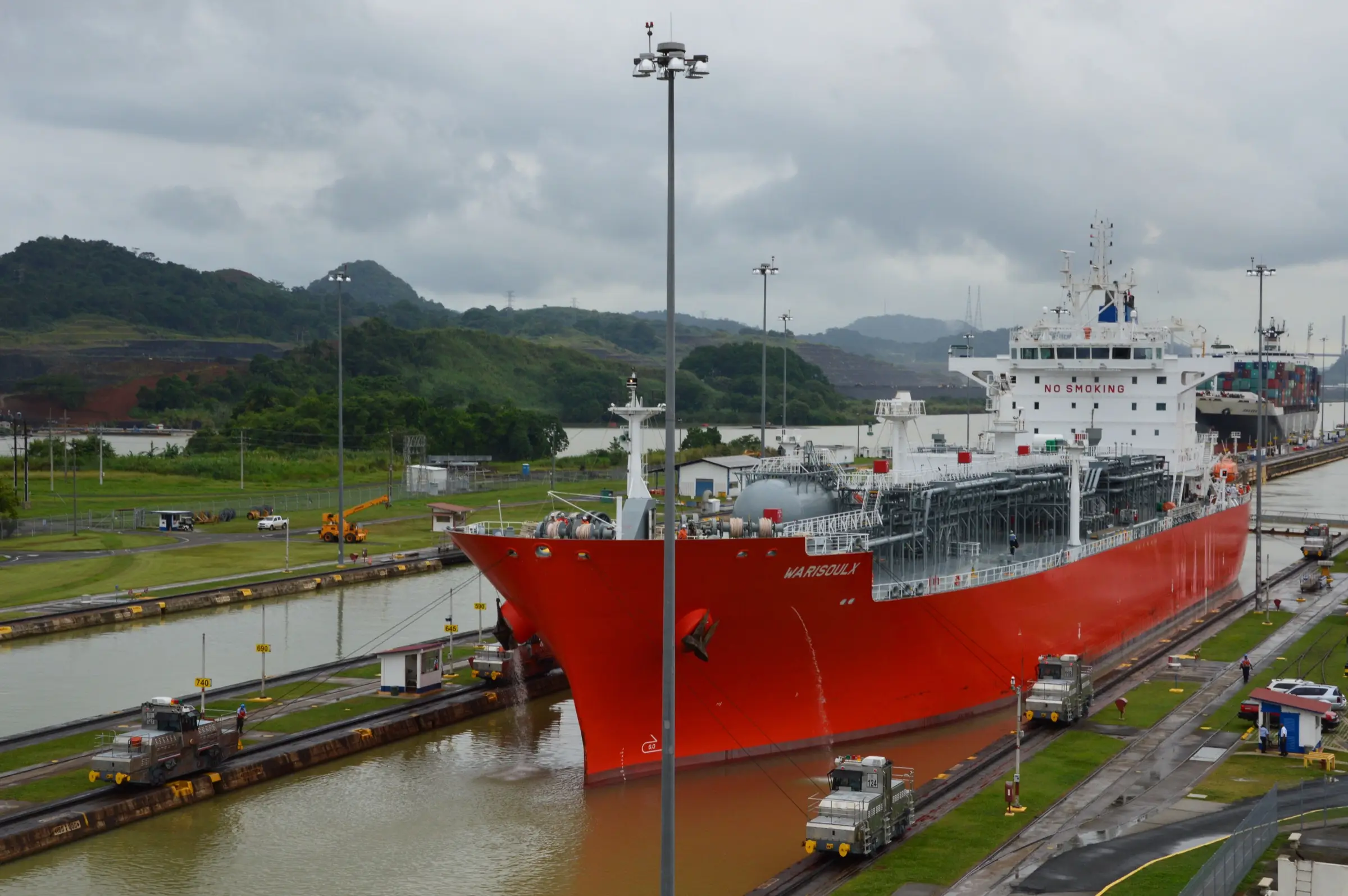 A ship in the Miraflores Locks on the Panama Canal